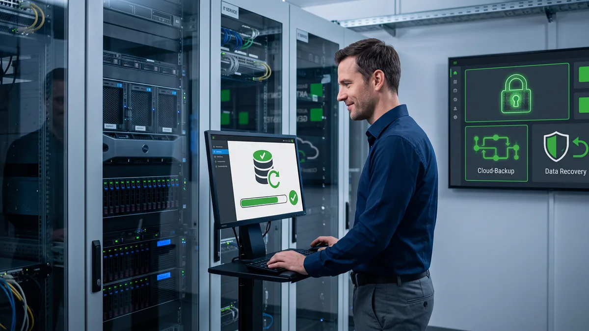 Techniker kontrolliert Datensicherung und Wiederherstellung in einer Serverumgebung.