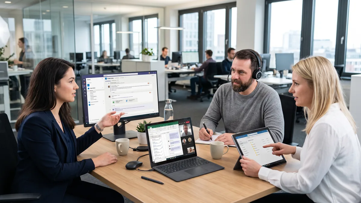 Mitarbeiter arbeiten gemeinsam mit Microsoft 365 an Dokumenten und digitalen Abläufen.